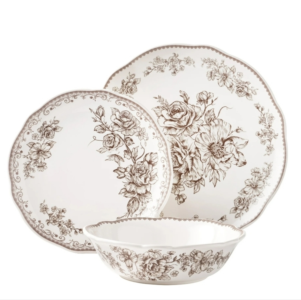 💜 2025 12 Piece Pioneer Woman Agatha Brown Elegant Floral Dinnerware Set